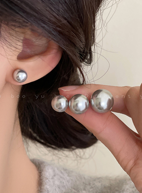 施家真多麻灰色馒头珍珠耳钉女法式复古轻奢大气耳环气质高级耳饰