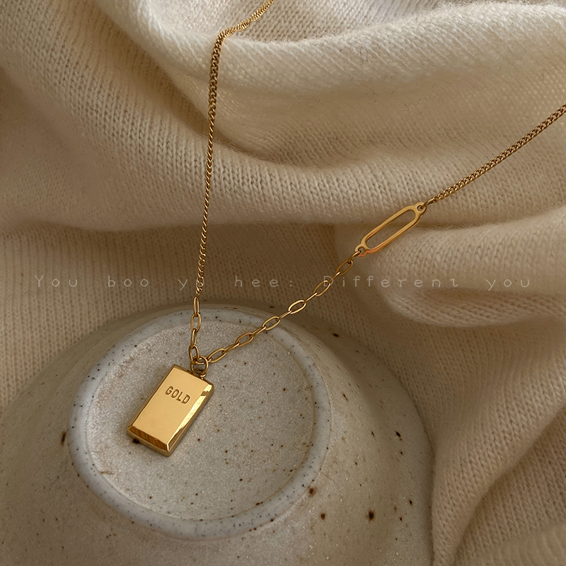 钛钢招财暴富小金条方牌秋冬项链