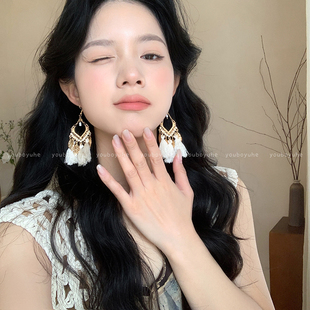 旅游度假彩色流蘇耳環(huán)女復(fù)古民族風(fēng)波西米亞耳鉤夸張大氣長(zhǎng)款 耳飾