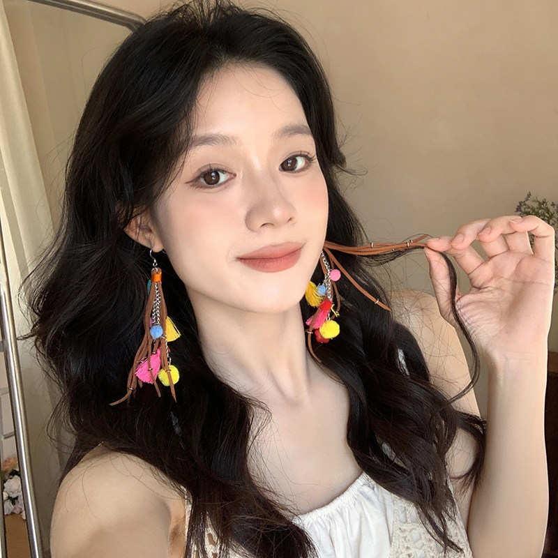 波西米亚彩色长款流苏耳环女复古民族风小众做旧耳钉海边度假耳饰