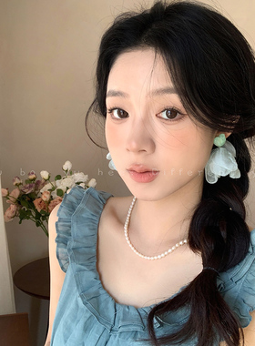 蓝色海边度假风花瓣耳环女高级感气质银针耳钉甜美无耳洞耳夹耳饰