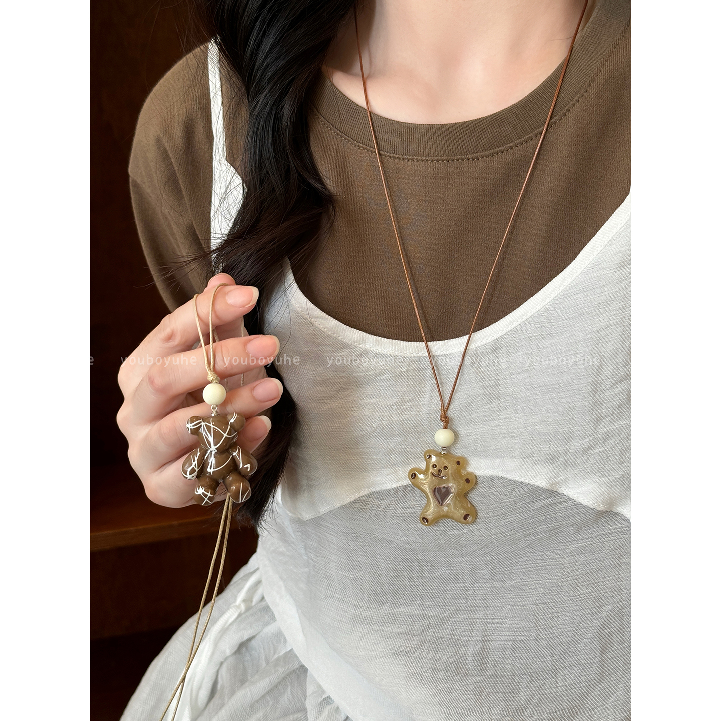 卡通爱心小熊吊坠项链编绳配饰女