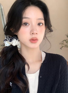 镂空刺绣花朵藏蓝色拼接大肠发圈女高弹力扎发皮筋头绳民族风发饰
