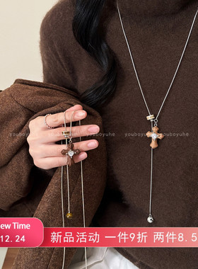 复古咖色木质十字架项链抽拉配饰