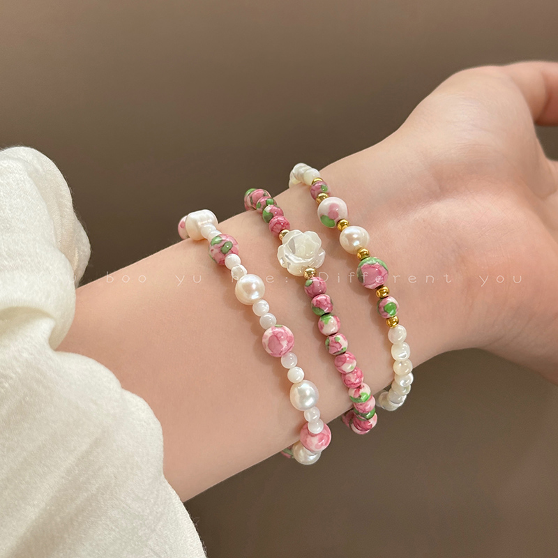 天然石贝壳山茶花手链夏天手饰