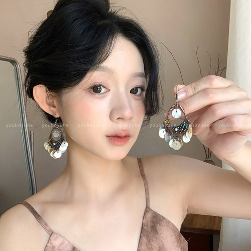 波西米亚镂空花朵流苏贝壳耳环女