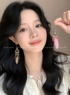 波西米亚海边超仙流苏羽毛耳环女