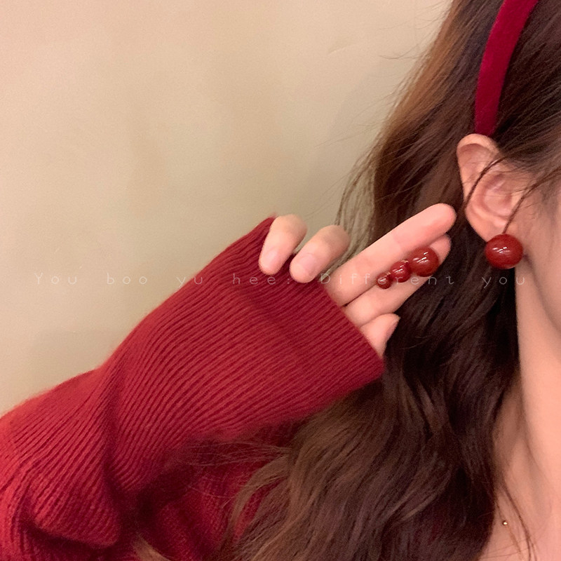 酒红色豆豆珍珠耳钉女养耳洞耳棒