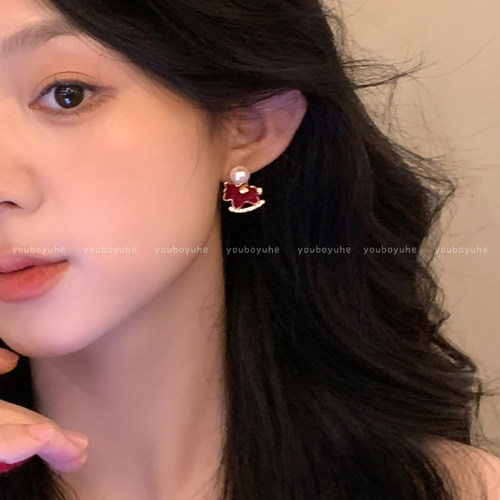 复古红色丝绒小马珍珠银针耳环女