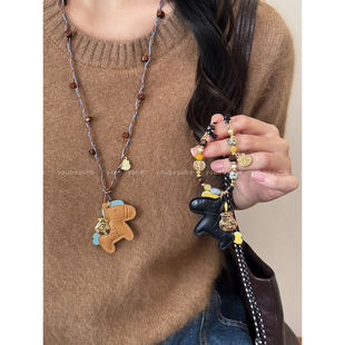 吉马送福~咖色皮质小马吊坠项链女复古编织绳长款毛衣链马年配饰