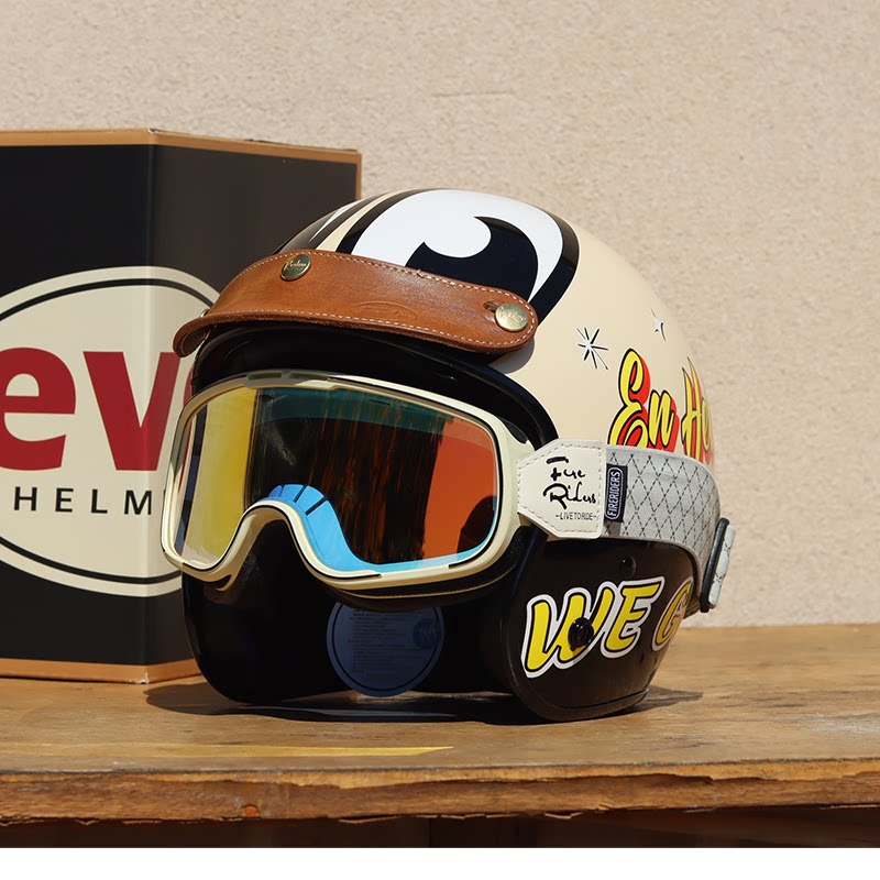 台湾Evo头盔复古半3/4大眼睛摩托车踏板卡通四分之三带内镜片男女