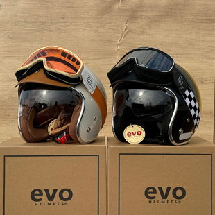 台湾evo头盔带内置镜片复古3 4半盔摩托电动车安全帽踏板男女小体
