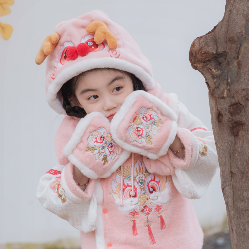 女宝宝国风儿童帽子冬季保暖套头帽2025新款小马虎头帽毛绒护耳帽