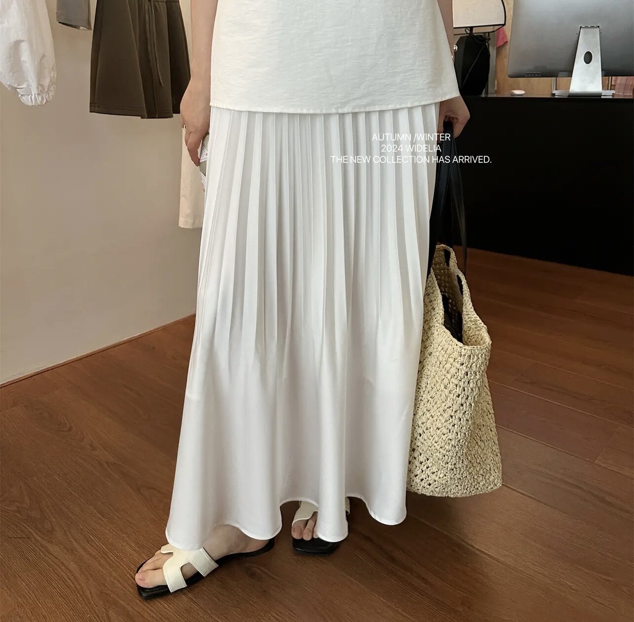 Widelia十三行老板娘夏韩版时尚宽松减龄百褶长裙高腰半身裙8373