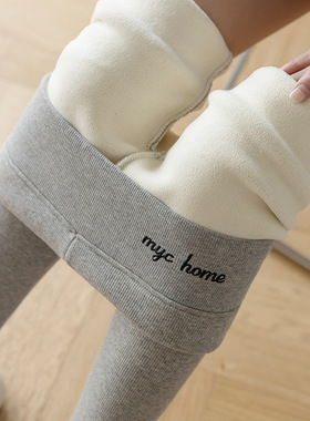 秋冬加绒打底裤女紧身小脚裤灰色竖纹螺纹显瘦羊羔绒加厚保暖棉裤