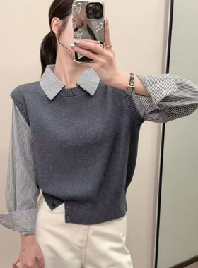 KANING衬衫拼接假两件套头针织衫2026秋冬新款设计感针织毛衣背心