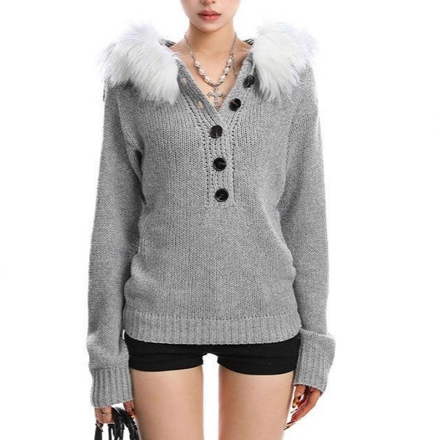 灰色连帽毛领毛衣女秋冬季高级感韩系慵懒针织衫收腰修身短款帽衫