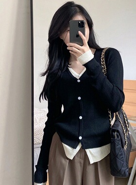 「3.9/春季上新」XUAN XIAO JIE 灰色v领假两件针织开衫女