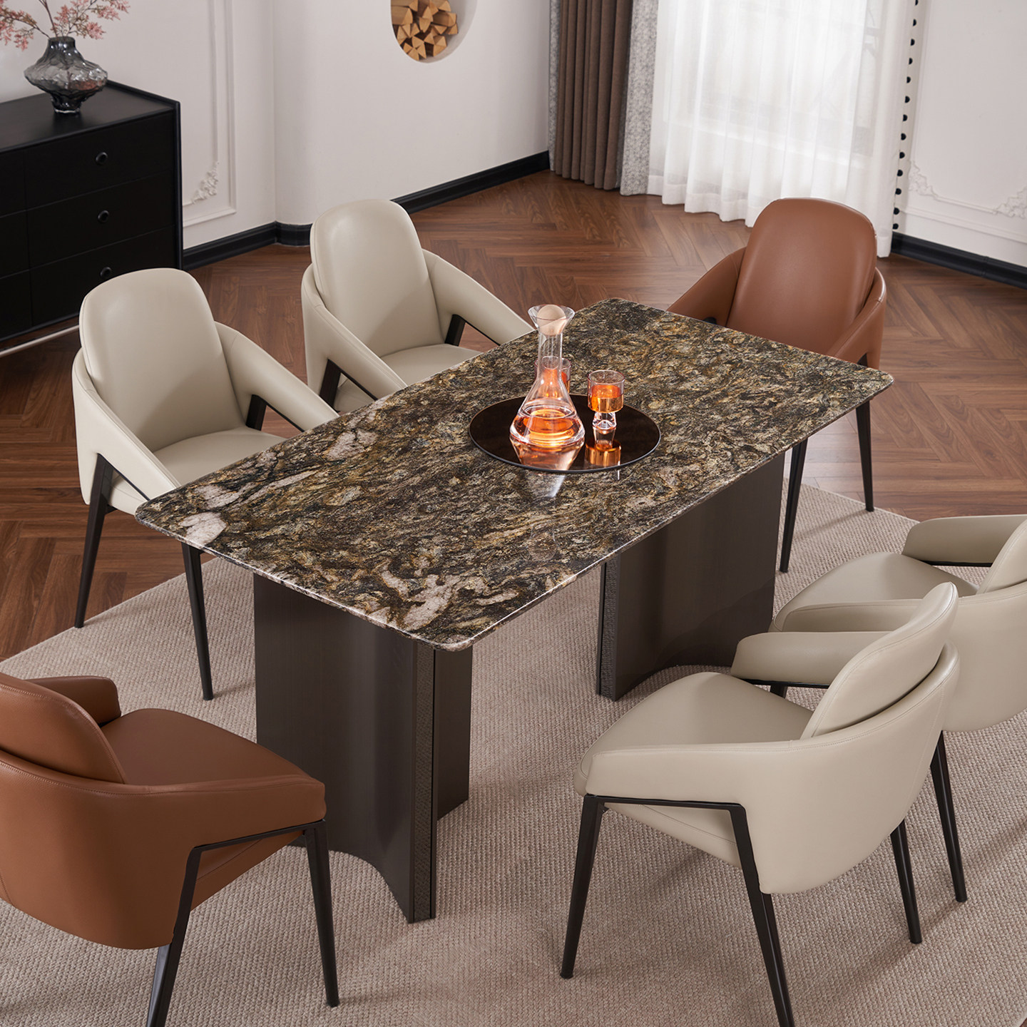 天然奢石餐桌铂金钻进口高端轻奢家用高级感长方形大理石带椅凳