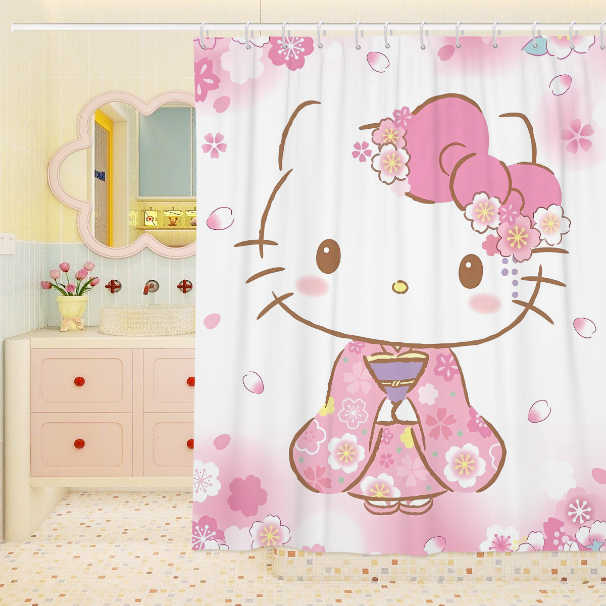 卡通加厚浴帘hello kitty卫生间厕所隔断帘浴室防水挂帘挂钩防霉