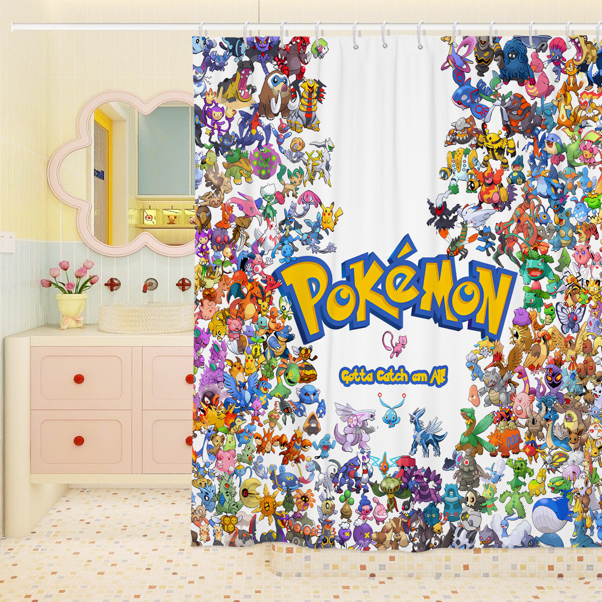 日式卡通加厚浴帘宝可梦卫生间厕所隔断帘浴室防水布挂帘挂钩防霉