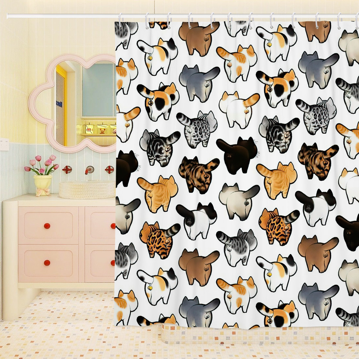 卫生间厕所日式卡通猫咪浴帘浴帘防水浴室洗澡帘子隔断帘门帘