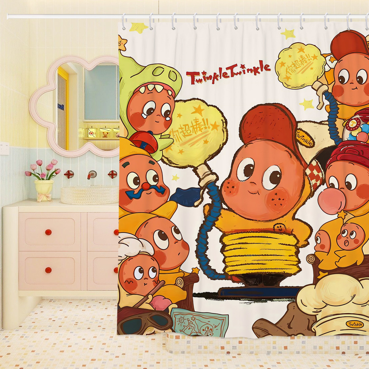 可爱星星人卡通加厚浴室卫生间浴帘防水隔断帘免打孔遮挡帘挂帘