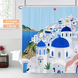 北欧清新绘画巴黎油画防水加厚浴帘防霉厕所门帘防霉窗帘隔断洗澡
