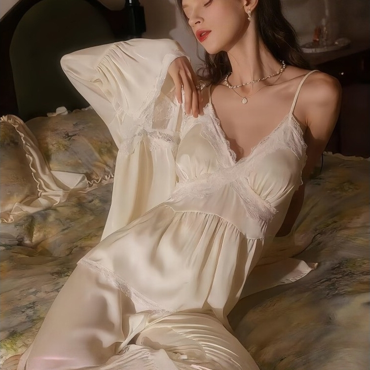 法式真丝蕾丝吊带睡衣套装睡袍