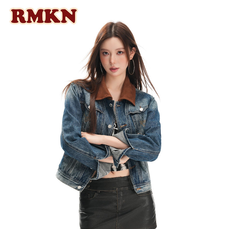 RMKN水洗蓝宽松牛仔夹克女2026秋季新款麂皮领落肩短款外套图片