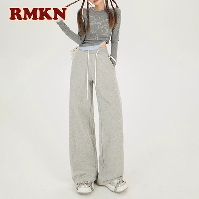 RMKN灰色美式复古直筒运动休闲卫裤宽松慵懒风女抽绳黑色阔腿长裤
