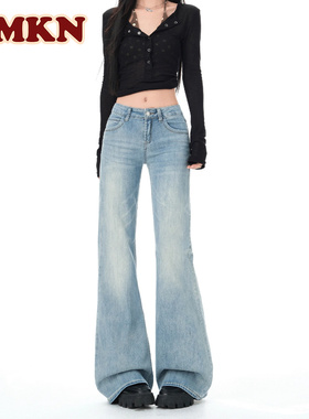 RMKN美式复古浅蓝色微喇牛仔裤女2025秋季低腰不贴腿修身喇叭裤