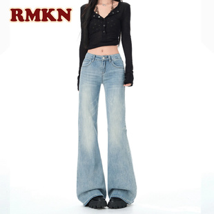 RMKN美式复古浅蓝色微喇牛仔裤女2025秋季低腰不贴腿修身喇叭裤