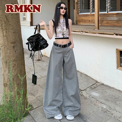 RMKN浅灰色高腰宽松阔腿牛仔裤女2026新款春季美式梨形身材拖地裤