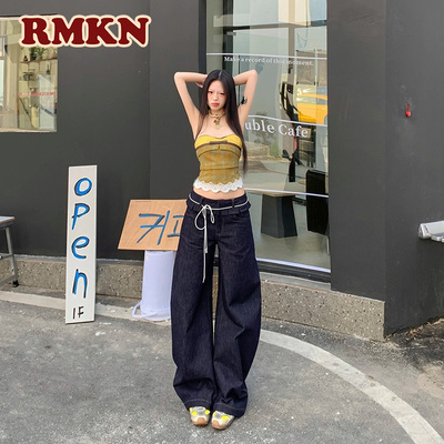 RMKN美式复古辣妹水洗弯刀牛仔裤设计感木耳边宽松直筒裤阔腿裤