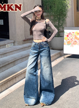 RMKN美式复古压皱感水洗猫须阔腿牛仔裤女折痕休闲显瘦拖地裤