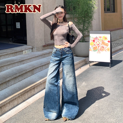 RMKN美式复古压皱感水洗猫须阔腿牛仔裤女折痕休闲显瘦拖地裤