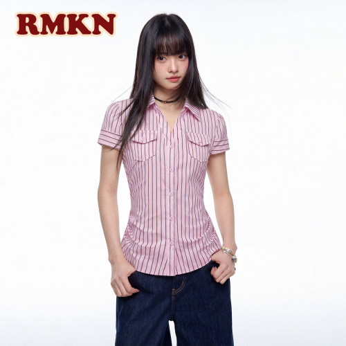 RMKN美式正肩粉色条纹掐腰剪裁设计感衬衫短袖女上衣百搭潮辣妹