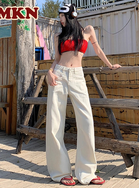 RMKN白色牛仔裤女2025夏季新品宽松垂感阔腿裤高腰显瘦拖地裤子