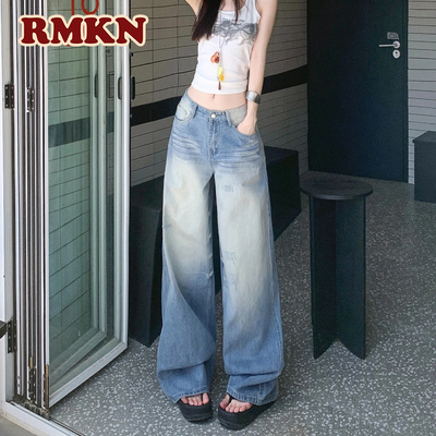 RMKN美式街头浅蓝色做旧水洗破败风抓痕复古磨白直筒阔腿牛仔裤