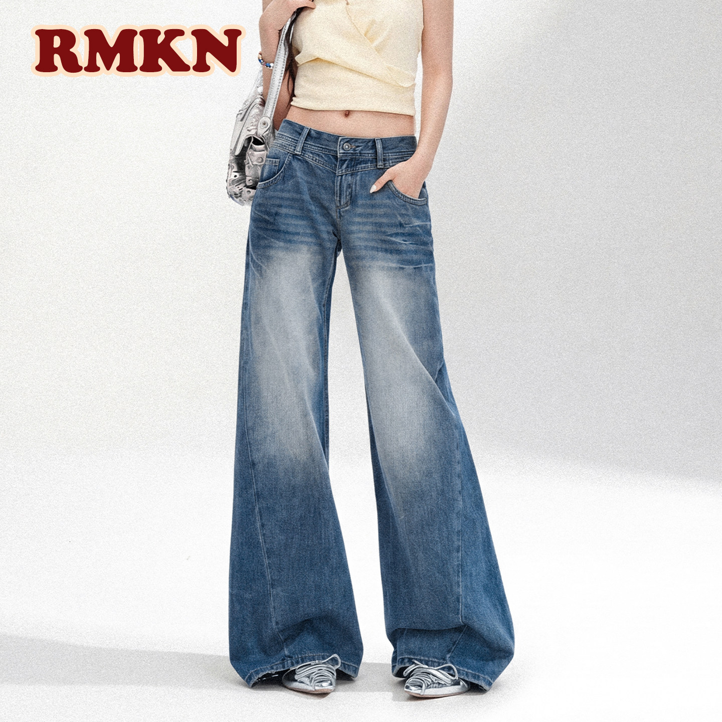 RMKN美式复古深蓝色低腰水洗蓝喇叭牛仔裤女显瘦垂坠感微喇拖地裤