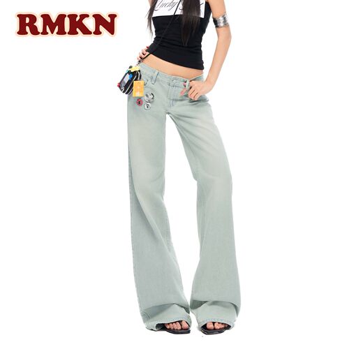 RMKN浅蓝美式宽松显瘦阔腿裤女夏季2026复古做旧猫须压皱牛仔裤