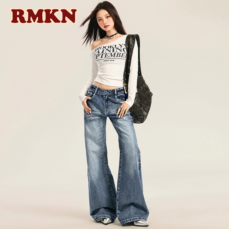 RMKN美式复古水洗低腰阔腿牛仔裤女高街辣妹宽松直筒微喇拖地裤子