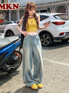 RMKN美式复古冰丝阔腿牛仔裤女薄款高腰水洗宽松直筒垂感拖地长裤