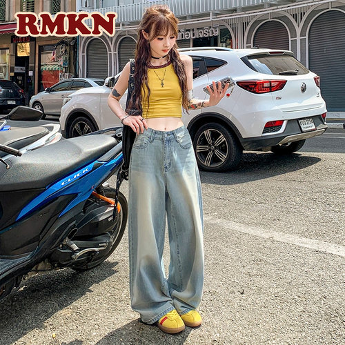 RMKN美式复古冰丝阔腿牛仔裤女薄款高腰水洗宽松直筒垂感拖地长裤