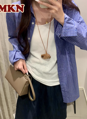 RMKN美式复古慵懒宽松蓝格子衬衫女男上衣透气潮牌休闲长袖衬衣