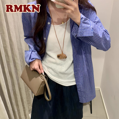 RMKN美式复古慵懒宽松蓝格子衬衫女男上衣透气潮牌休闲长袖衬衣