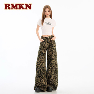 RMKN美式复古阔腿豹纹牛仔裤女秋冬设计感高腰直筒显瘦拖地长裤子