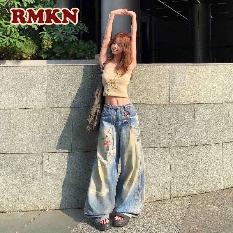 RMKN美式复古低腰3D打印水洗宽松链条设计百搭垂感阔腿牛仔裤女