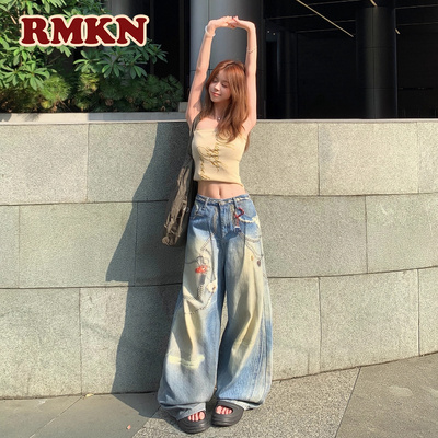 RMKN美式复古低腰3D打印水洗宽松链条设计百搭垂感阔腿牛仔裤女
